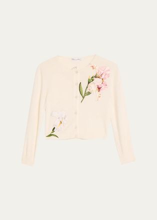 Oscar De La Renta Watercolor Iris Embroidered Crop Crewneck Cardigan