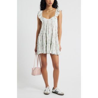 BP. Floral Flutter Sleeve Cotton Blend Mini Sundress in Green- Pink Selina Floral at Nordstrom, Size Xx-Small