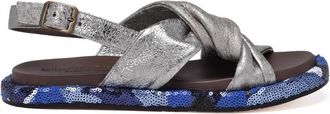 Collection Priv&eacute;e Beige/Blue Sequined Ankle-Strap Leather Sandals