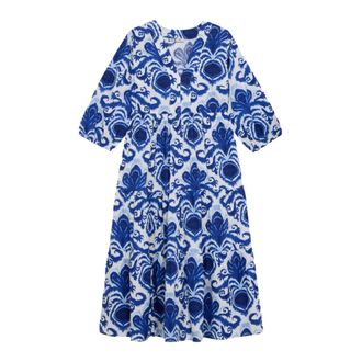 Oltre Patroon Katoenen Midi Jurk met Blousekraag - Dames - Casual kleedjes - Blauw - S - Katoen - Kleedjes
