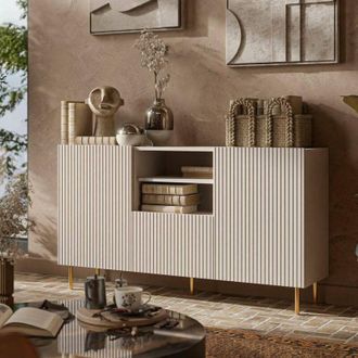 Dmora Aparador Stornara, Aparador De Sal&oacute;n Con Dos Puertas Batientes, Un Caj&oacute;n Y Dos Compartimentos Abiertos, Dise&ntilde;o Efecto Estriado, 150 X 42 H 82 Cm, Beig