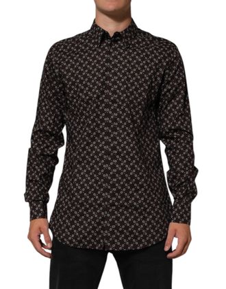 Dolce & Gabbana Mens Brownfloral Collared Gold Formal Dress Shirt Brown Cotton