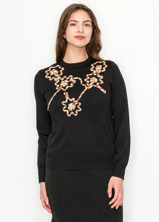 YAL New York Black Crewneck Sweater with Corded Flower Detail