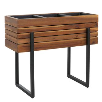 Hhg [nunca Usado] Jardinera Elevada Hhg-462, Maceta Para Flores Y Plantas, Macetero De Exterior De Metal Y Madera De Acacia Mvg 68 X 80 X 30 Cm, Marr&oacute;n