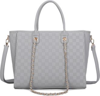Generic Womens Tote Bag, Beige Checkered Pattern, Chain Strap Detail, Shoulder Bag with Crossbody Strap (Grey)