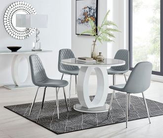 Furniturebox Giovani Round 4 Seat 100cm White High Gloss Halo Base Grey Glass Top Dining Table 4 Soft Faux Leather Silver Leg Corona Chairs