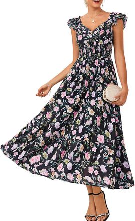Grace Karin A-Line Summer Dresses for Women UK, Ruffle Sleeves V-Neck Smocked Floral Dress, Beach Maxi Dresses for Women UK Black-Pink Floral M