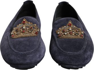 Dolce & Gabbana Blue Suede Crown Crystal Loafers Dress Mens Shoes (Pre-Owned)