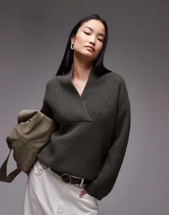 Arket wool blend rib oversized sweater with shawl collar in khaki green
