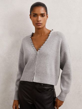 Reiss Grey Wool-blend Beaded-trim Cardigan With Cashmere, S