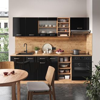 Vicco Mueble De Cocina R-line, Roble Negro/dorado De Alto Brillo, 240 Cm Sin Encimera
