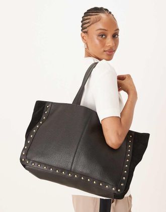 Accessorize Borsa shopping premium in misto pelle e camoscio nera con borchie-Nero