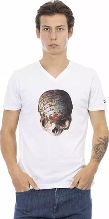 Trussardi Mens Vneck Skull Tshirt Casual Style - White Cotton - Size X-Large