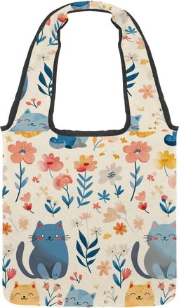 Generic Cute Cartoon Kitten Reversible Canvas Shoulder Tote - Double-Sided Print, 12oz Cotton, 27cm Drop, Fold-Flat Bag for Travel, Shopping, Street Outings