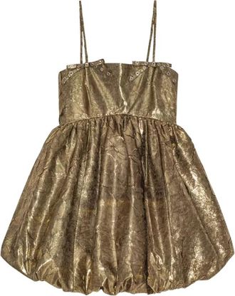 Ganni Gouden Mini Jurk met Strik Details - Dames - Feestkleedjes - Geel - S - Polyester - Kleedjes