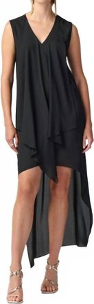 Joseph Ribkoff Pleated V-Neck Asymmetric Hi-Low Dress In Black