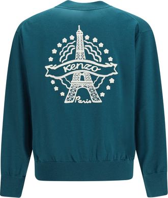 Kenzo Wool Zip With Eiffel Tower Embroidery Cardigan - Green