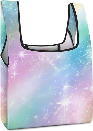 Generic Rainbow Starry Sky Blue Purple Shopping Bag Reusable Grocery Tote Bag Foldable Handbag for Travel Picnic