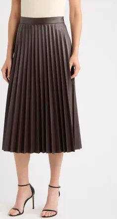 Tahari by ASL Pleated Faux Leather Midi Skirt in Espresso at Nordstrom, Size 16