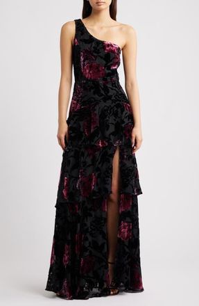 Lulus Elodie One Shoulder Burnout Floral Tiered Dress in Black Multi at Nordstrom, Size X-Small