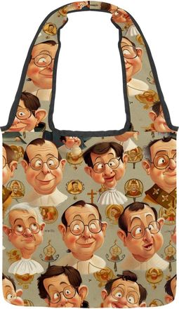 Generic Cartoon Catholic Men Reversible Canvas Shoulder Tote - Double-Sided Print, 12oz Cotton, 27cm Drop, Fold-Flat Bag for Travel, Shopping, Street Outings