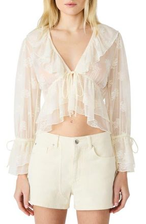 Steve Madden Montana Floral Embroidery Ruffle Detail Knit Top in Antique at Nordstrom, Size X-Small