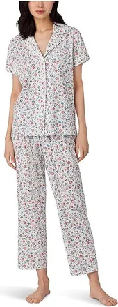 Lauren Ralph Lauren Short Sleeve Notch Collar Cropped Pant PJ Set Womens Pajama Sets White Ground Ditsy : XL (US 16-18), Cotton/Viscose