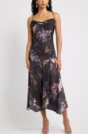 Chelsea28 Cowl Neck Seamed Satin Midi Dress in Brown Brianne Floral at Nordstrom, Size Xx-Small