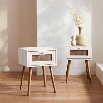 Sweeek Pair Of Woven Rattan Bedside Tables With Drawer in White