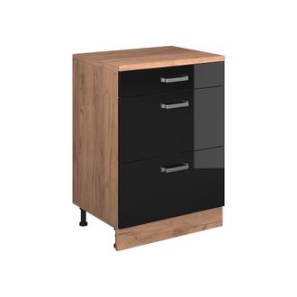 Vicco Armario De Cocina Para Techo Inclinado R-line, Negro Brillo Intenso, 60 Cm Sin Inclinaci&oacute;n Con 3 Cajones, Vicco