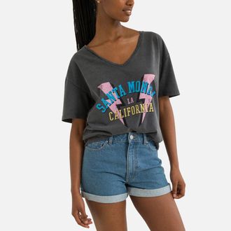 Pieces T-shirt met V-hals en motief vooraan