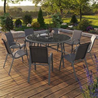 IDMarket Conjunto De Muebles De Jard&iacute;n Madrid Mesa Redonda 150 Cm Y 8 Sillas Apilables Gris Antracita