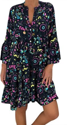 Generic Plus Size Womens Boho Dress UK Clearance Summer 3/4 Sleeve Button Down V Neck Midi Dress Floral Print Beach Sundresses