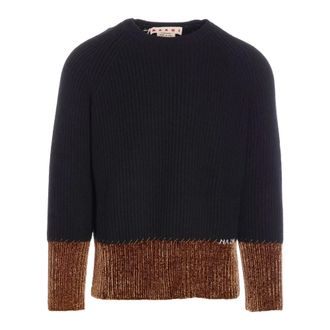 Marni Round-neck Knitwear, male, Black, Size: M Black Wool Sweater with Velvet Trim