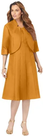 Roaman's Plus Size Elbow Sleeve Fit And Flare Dress With Bolero Jacket 2 Piece Suit in Rich Gold at Nordstrom, Size 36
