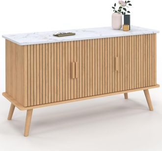 IDMarket Credenza Juliette 110 Cm, Piano Effetto Marmo, 3 Ante A Doghe, Doghe In Legno Color Rovere