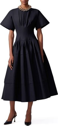 Carolina Herrera Pleated Stretch Cotton Sateen Midi Dress in Black at Nordstrom, Size 8