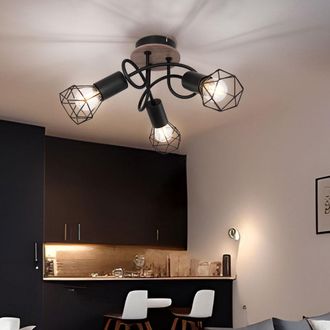 Globo Lighting Plafoniera Vintage Spot Tondo Plafoniera Faretto Plafoniera Soggiorno 3 Fiamme Metallo Nero, Faretti Mobili, Rete Metallica Legno, 3x Prese E14, Dxh 3