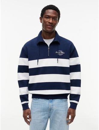 Tommy Hilfiger Mens Breton Stripe Quarter-Zip Sweatshirt - Light Navy - XL