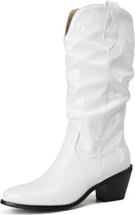 Generic Womens Slouch Cowboy Boots Crocodile-Embossed PU Leather Block Heel White Black Comfortable Stylish For Party Casual And Daily Wear,White,7.5 UK