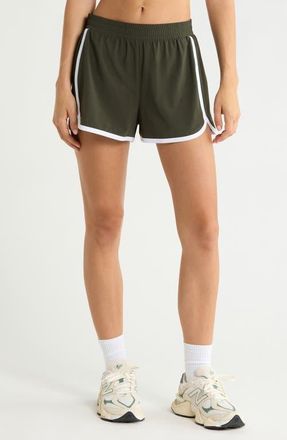 Beyond Yoga Go Retro Shorts in Olive Ink/true White at Nordstrom, Size X-Small