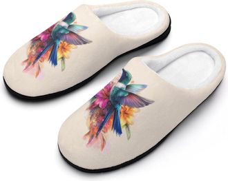 Generic Hummingbird Flower Watercolor Mens Slippers Slip On Comfortable Fleece Cotton House Shoes Winter