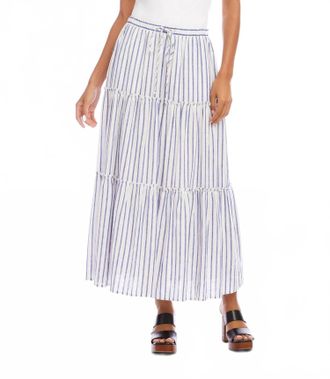 Karen Kane Stripe Tiered Midi Skirt In Off White With Blue