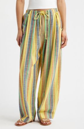 Free People Chambers Stripe Drawstring Linen & Cotton Pants in Butter Yellow Combo at Nordstrom, Size X-Small