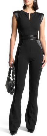 Mani&egrave;re De Voir Satin Contour Flared Jumpsuit in Black at Nordstrom, Size 0