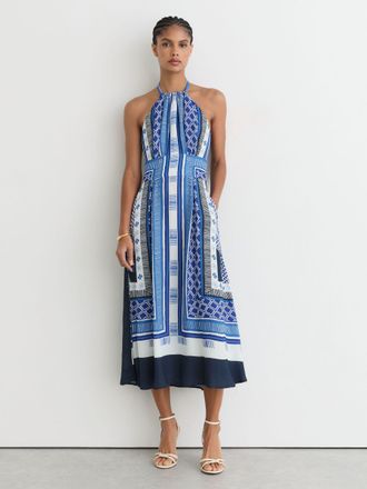 Reiss Blue Scarf-print Halterneck Midi Dress, 16