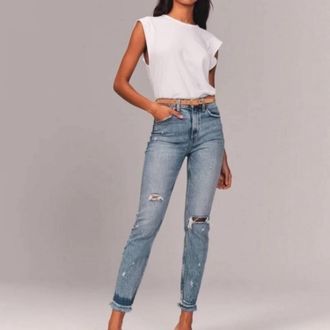 Abercrombie & Fitch Ripped High Rise Mom Jeans In Blue