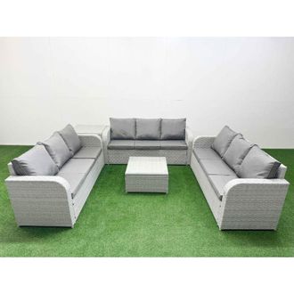 Fimous Pe Rattan Lounge Sofa Set 9 Seater Outdoor Garden Furniture Set with Square Coffee Table 3 Seater Sofa Side Table Light Grey - Fimous
