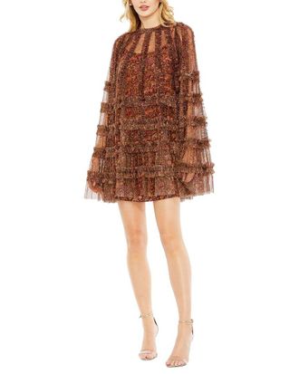 Mac Duggal Floral Print Long Flare Sleeve Mesh A-Line Dress