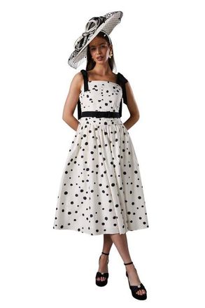 Coast Lisa Tan Mono Spot Bow Detail Midi Dress at Nordstrom, Size 14